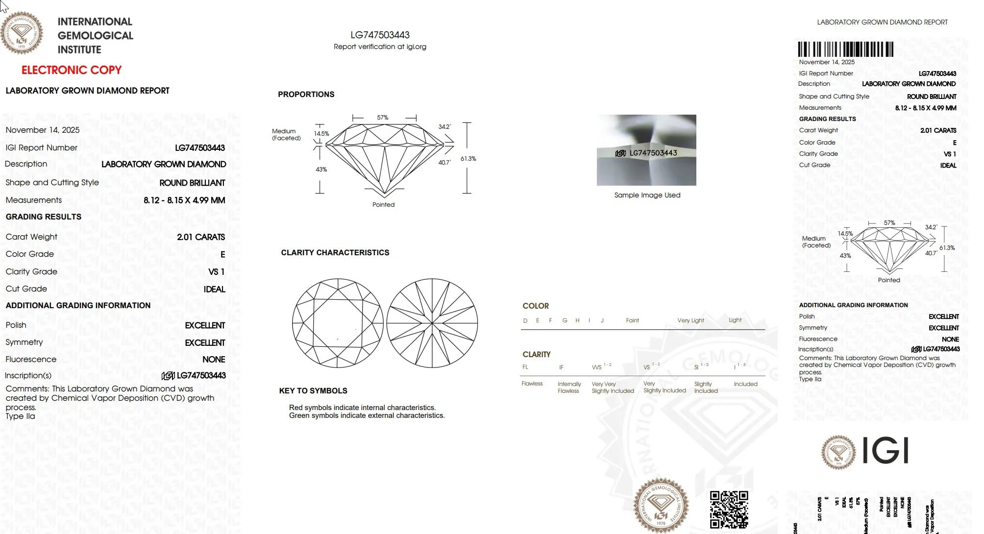 IGI laboratory grown diamond report showing round brilliant 2.01 carat CVD diamond grading details.