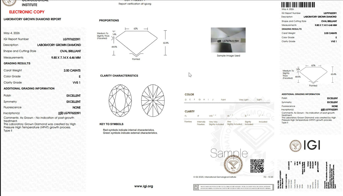 IGI Lab Grown Diamond Certificate for 2.00 Carat Oval Brilliant Cut, VVS1 Clarity, E Color