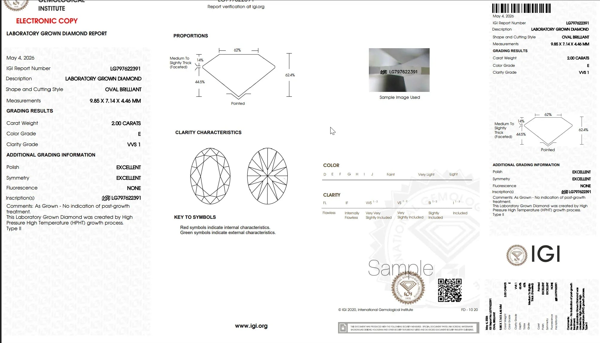 IGI Lab Grown Diamond Certificate for 2.00 Carat Oval Brilliant Cut, VVS1 Clarity, E Color