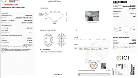 IGI Lab Grown Diamond Certificate for 2.00 Carat Oval Brilliant Cut, VVS1 Clarity, E Color