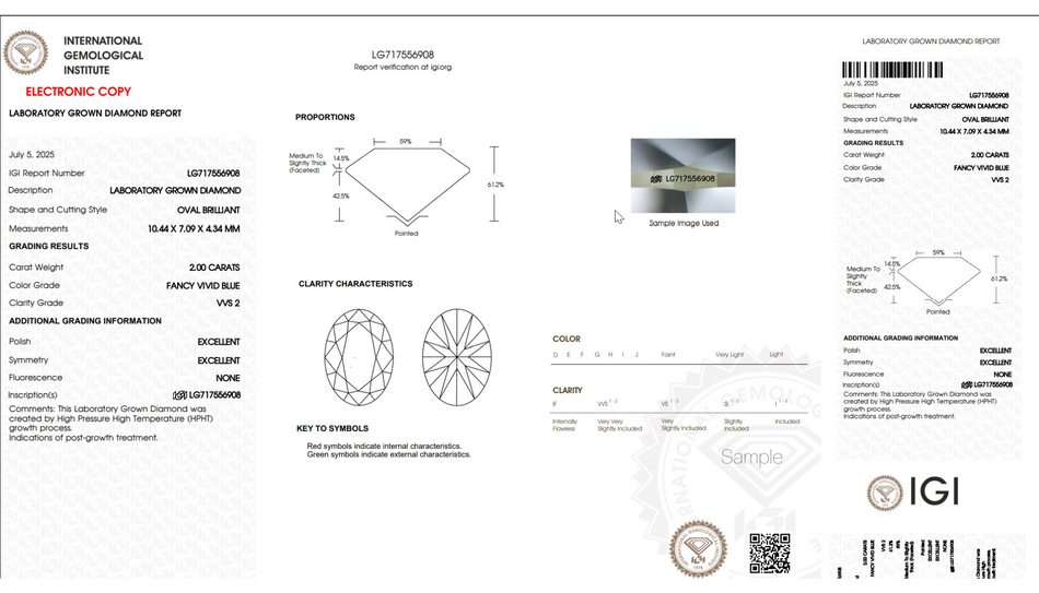 Loose Blue Oval Lab Grown Diamond 2 ct. Certified