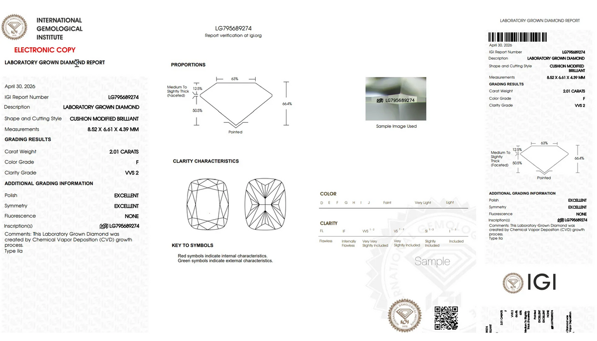 IGI Laboratory Grown Diamond Report for a 2.01 carat cushion modified brilliant cut diamond