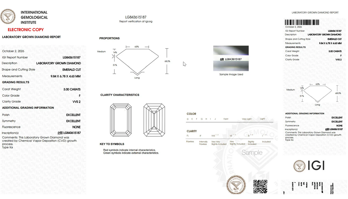 IGI laboratory grown diamond report for a 3.00 carat emerald cut diamond by Bel Viaggio Designs