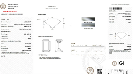 IGI laboratory grown diamond report for a 3.00 carat emerald cut diamond by Bel Viaggio Designs