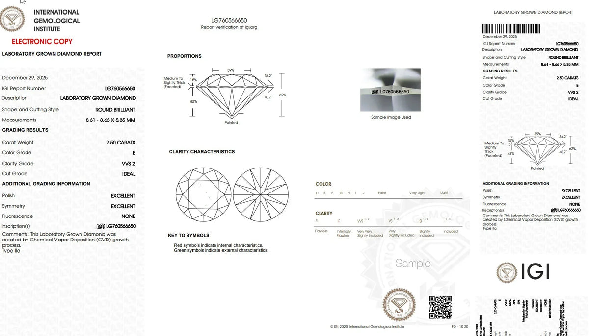 IGI Lab Grown Diamond Certificate 2.50 Carat Round Brilliant VVS2 E Color Ideal Cut