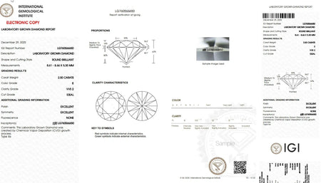 IGI Lab Grown Diamond Certificate 2.50 Carat Round Brilliant VVS2 E Color Ideal Cut