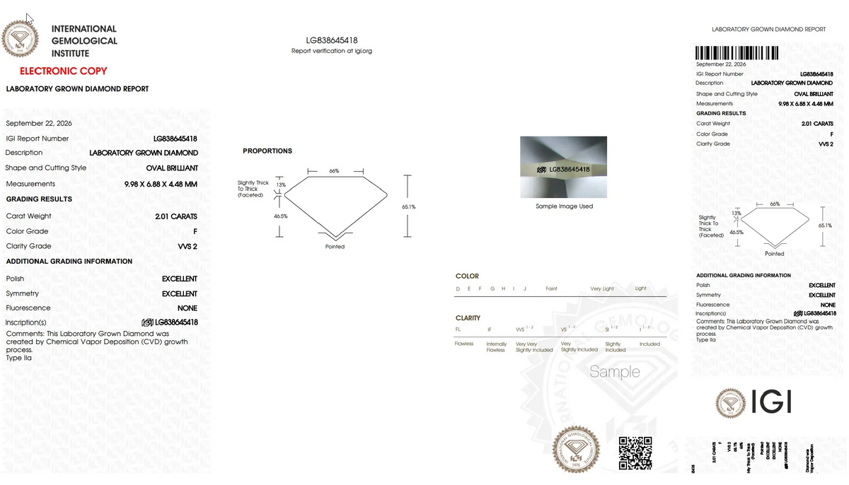 IGI grading report for a 2.01 carat oval brilliant lab grown diamond from Bel Viaggio Designs