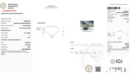 IGI grading report for a 2.01 carat oval brilliant lab grown diamond from Bel Viaggio Designs