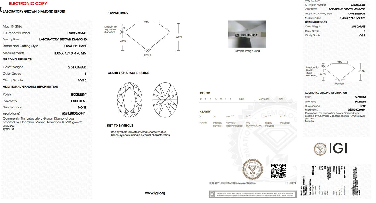 IGI grading report for a 2.51 carat oval brilliant lab grown diamond by Bel Viaggio Designs