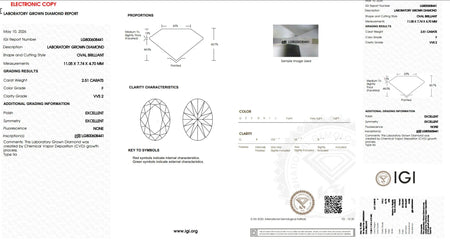 IGI grading report for a 2.51 carat oval brilliant lab grown diamond by Bel Viaggio Designs