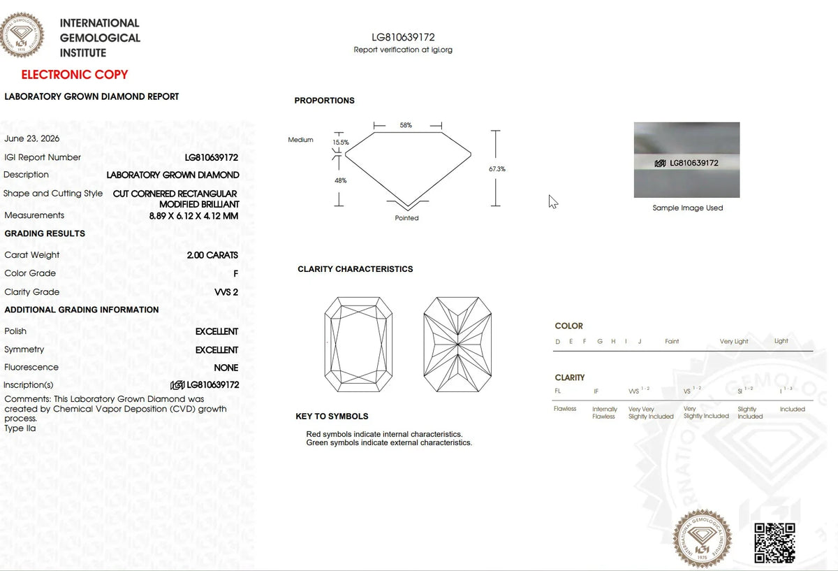 IGI laboratory grown diamond report for a 2.00 carat VVS2 modified brilliant diamond.