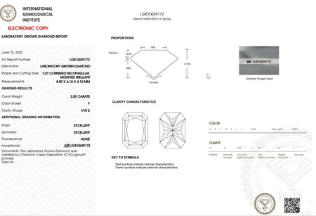 IGI laboratory grown diamond report for a 2.00 carat VVS2 modified brilliant diamond.
