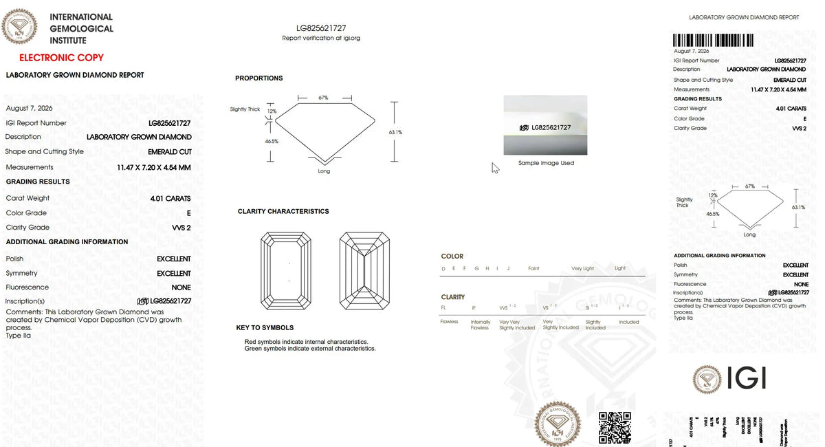 IGI Laboratory Grown Diamond Report for an emerald cut lab diamond by Bel Viaggio Designs