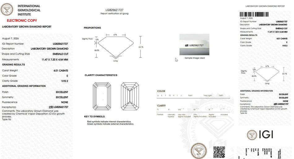 IGI Laboratory Grown Diamond Report for an emerald cut lab diamond by Bel Viaggio Designs
