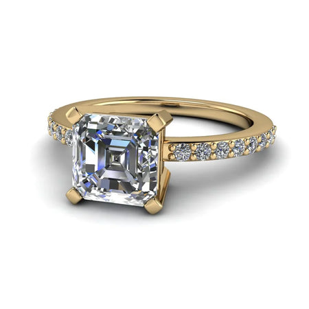 Yellow gold engagement ring with asscher cut center diamond and diamond band