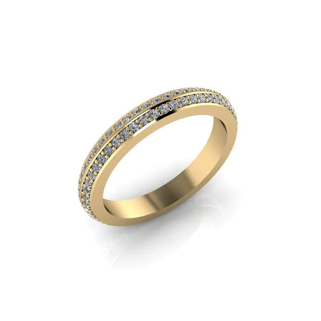 Yellow gold band with double rows of small round diamonds, custom jewelry design