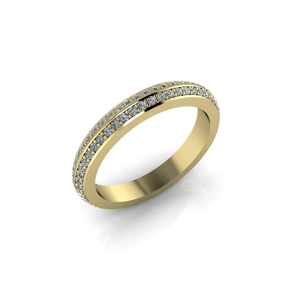 Gold diamond band ring with double rows of pavé-set diamonds on white background