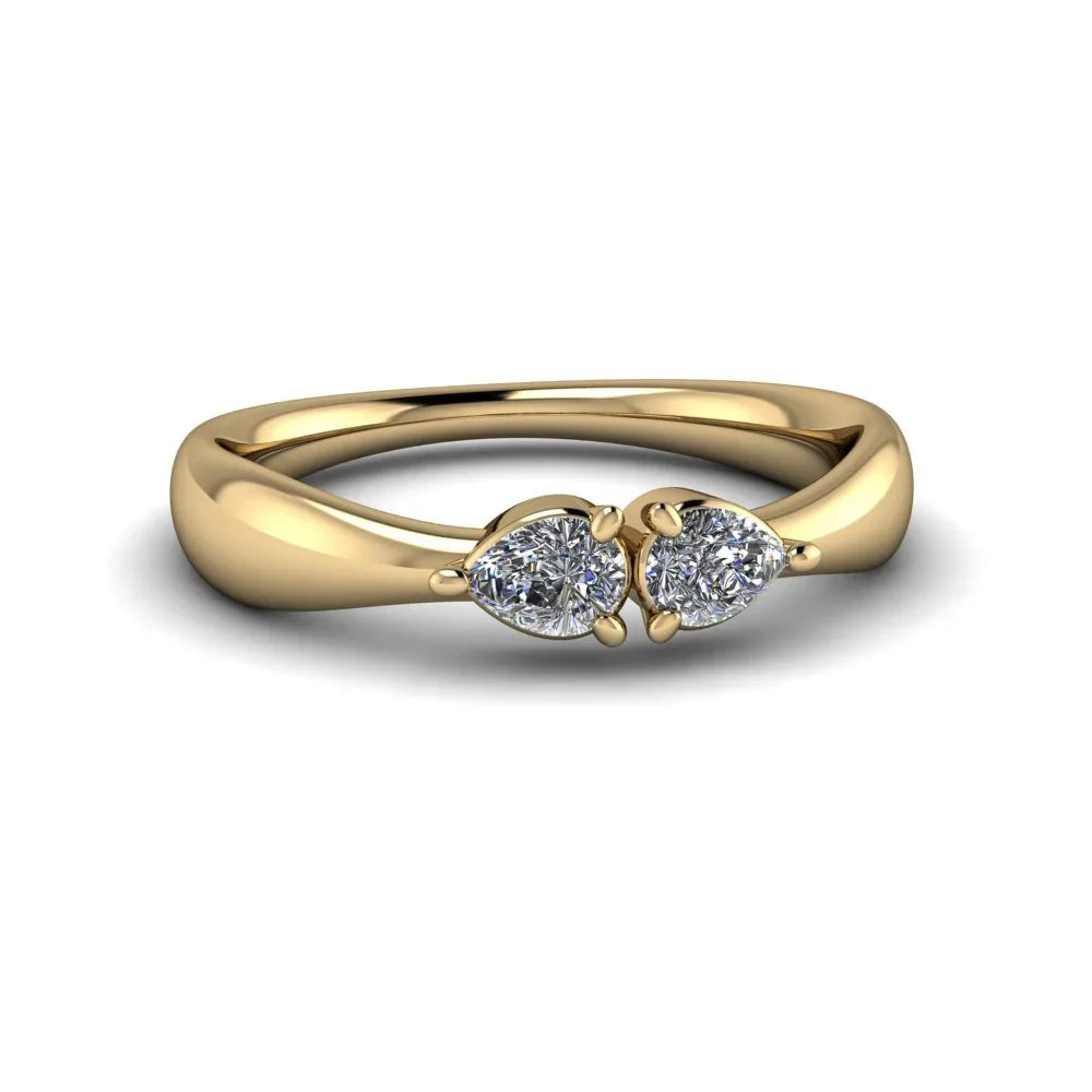 Yellow gold ring with two pear-shaped diamonds, custom engagement jewelry