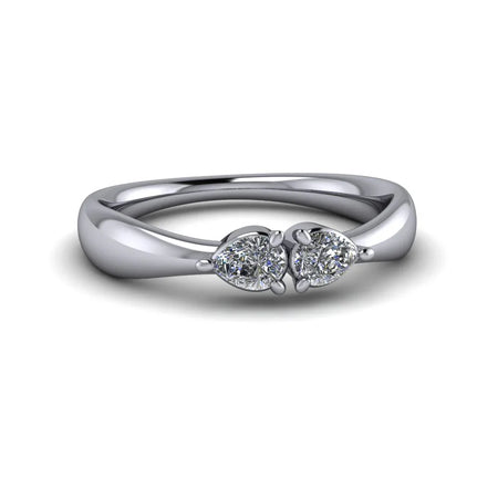 Custom white gold ring with two pear-shaped diamonds in a unique modern setting