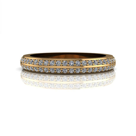 Yellow gold diamond eternity band with double rows of round pavé-set diamonds on white background