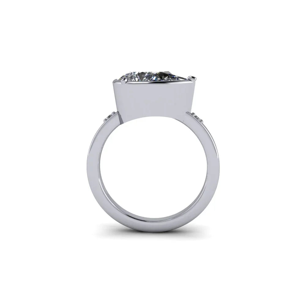 Side view of custom white gold engagement ring with large solitaire diamond setting