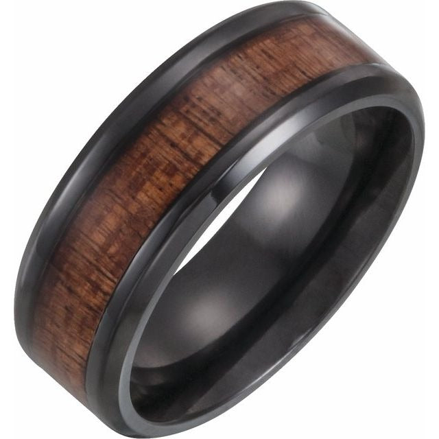 Men's Wedding Band Black Titanium with Hawaiian Koa Wood Inlay