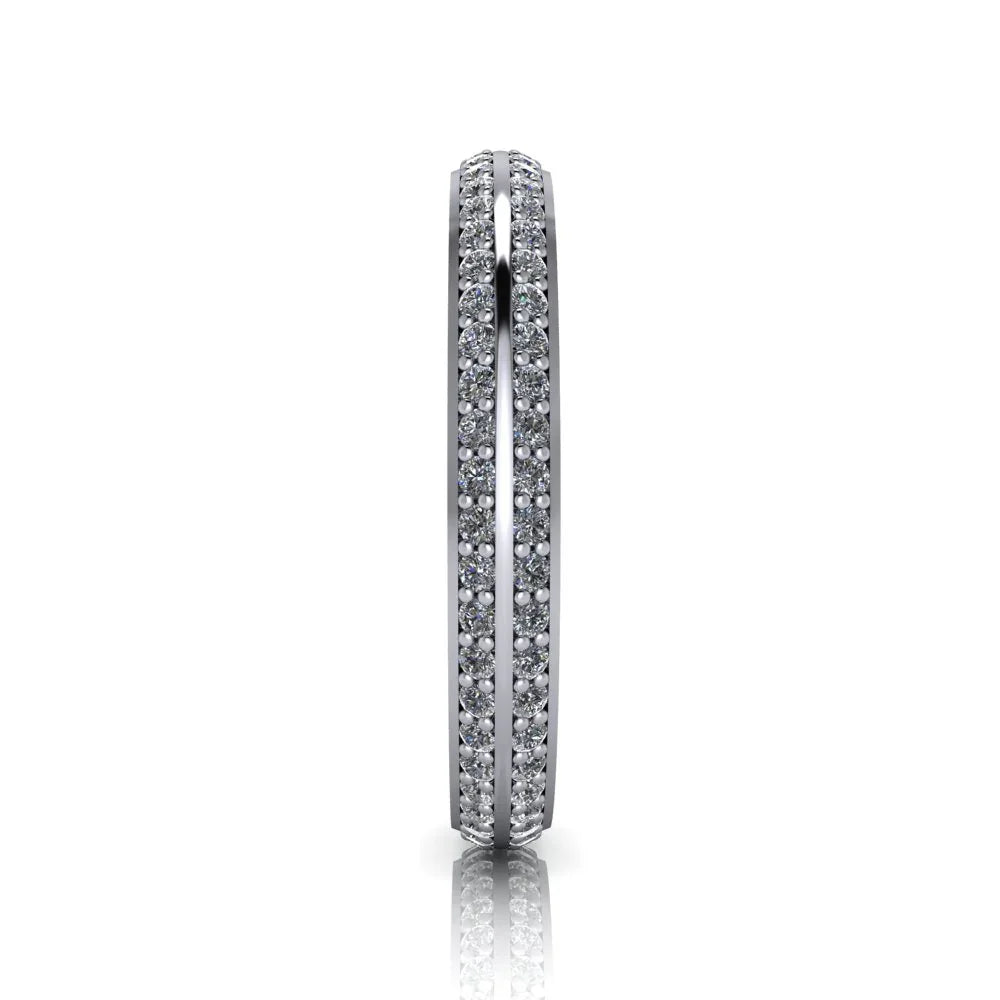White gold diamond eternity band with double rows of pavé-set stones, side view
