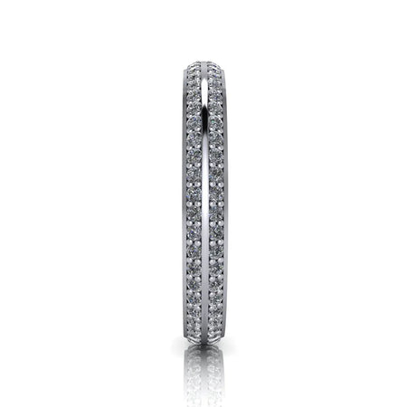 White gold diamond eternity band with double rows of pavé-set stones, side view