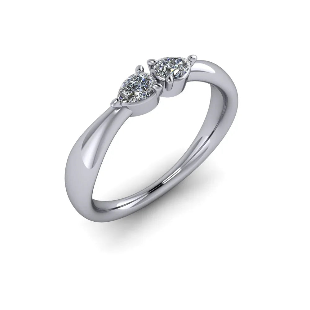 Custom white gold ring with two pear-cut diamonds, modern engagement jewelry