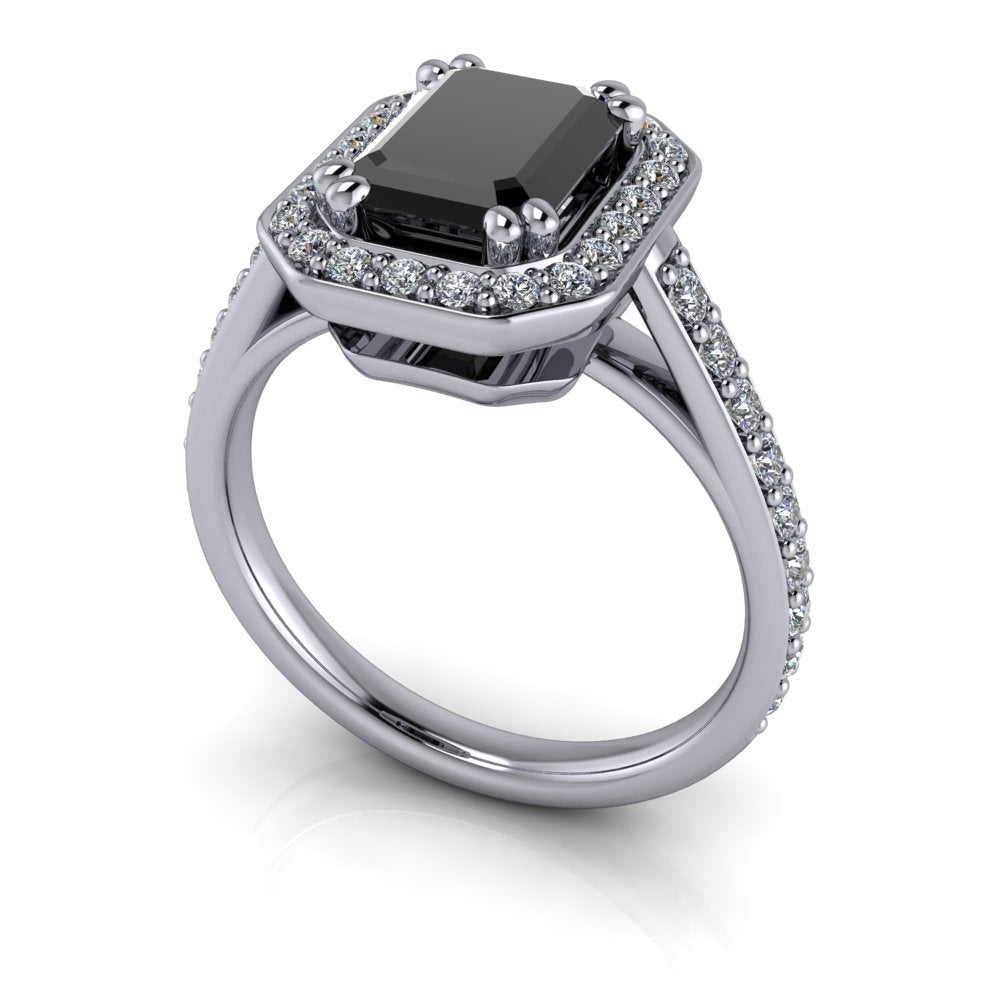 Emerald Cut Black Diamond Engagement Ring Halo Setting