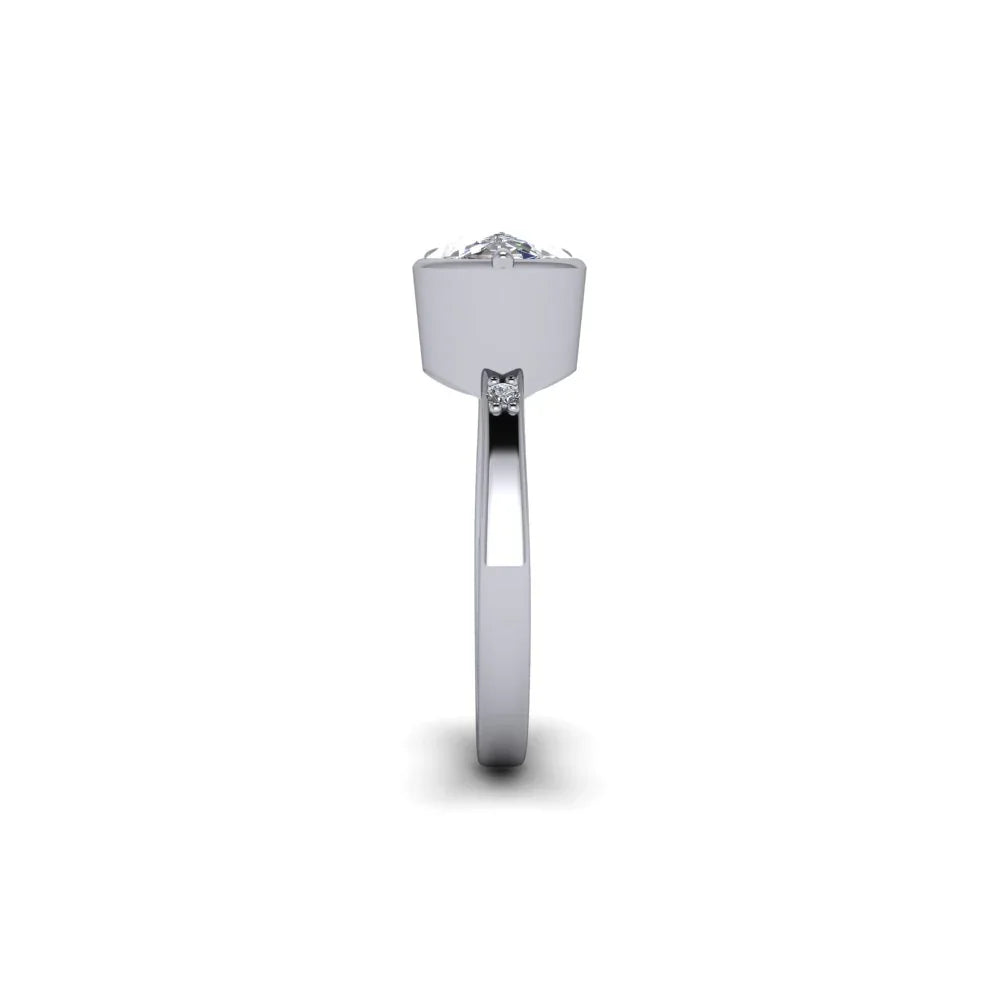 Side view of custom white gold engagement ring with solitaire diamond setting