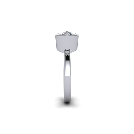 Side view of custom white gold engagement ring with solitaire diamond setting