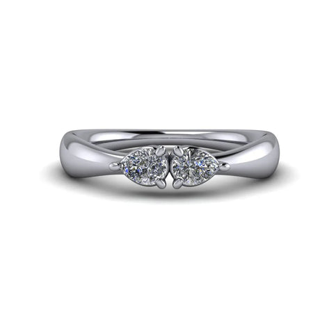 Custom white gold ring with two pear-shaped diamonds on a polished band