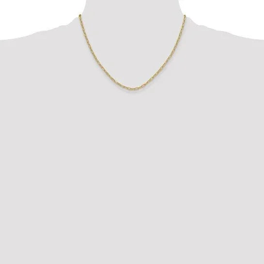 Thin gold chain necklace worn around a person's neck