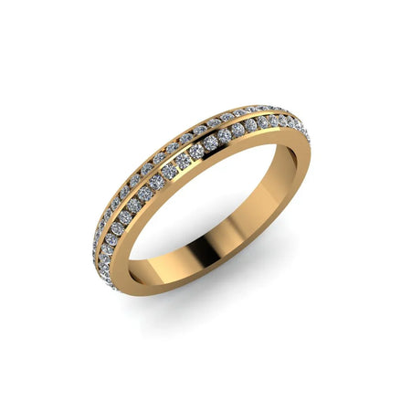 Yellow gold band ring with double rows of round white diamonds on a white background