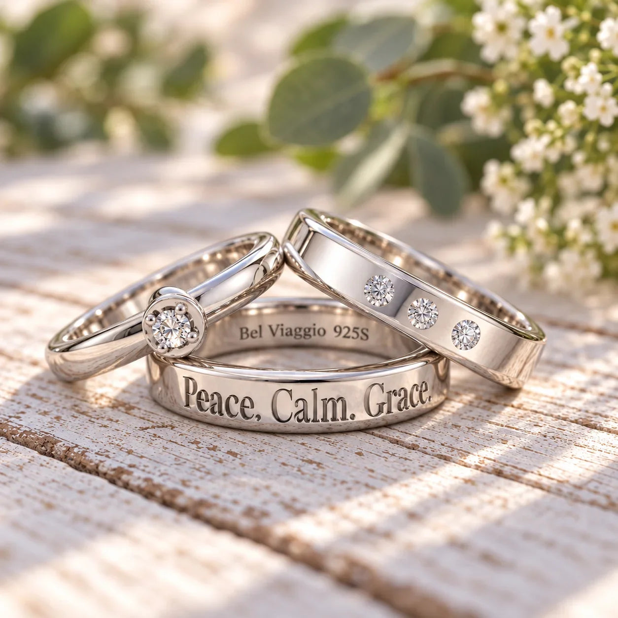 Custom silver wedding bands with diamond accents and engraved peace calm grace text.