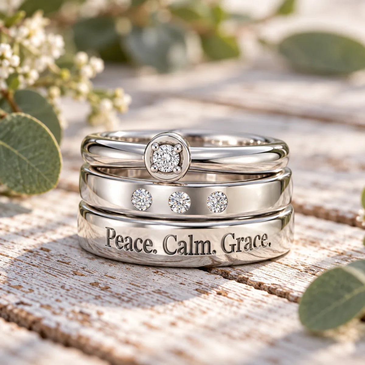 Three stacked silver custom rings with diamonds and 'Peace, Calm, Grace' engraving.
