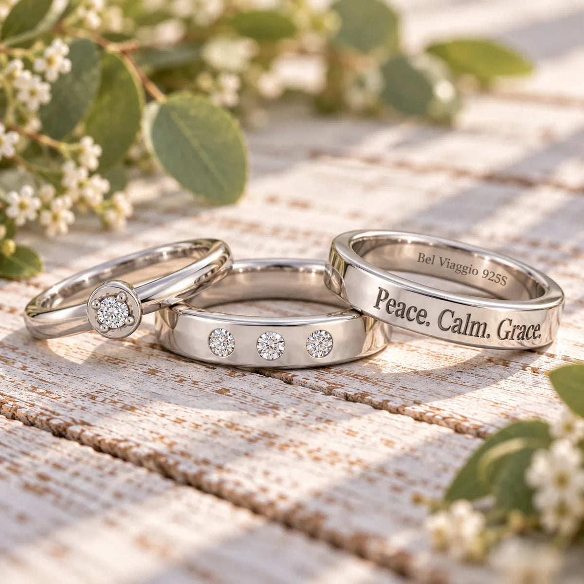 Three silver custom rings with diamonds and engraving on a rustic wooden surface with greenery.