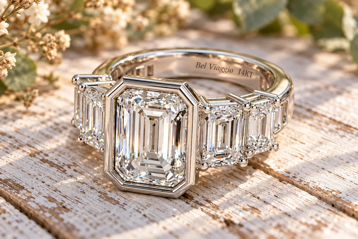Bel Viaggio Designs emerald cut lab diamond anniversary ring on a rustic white wooden surface