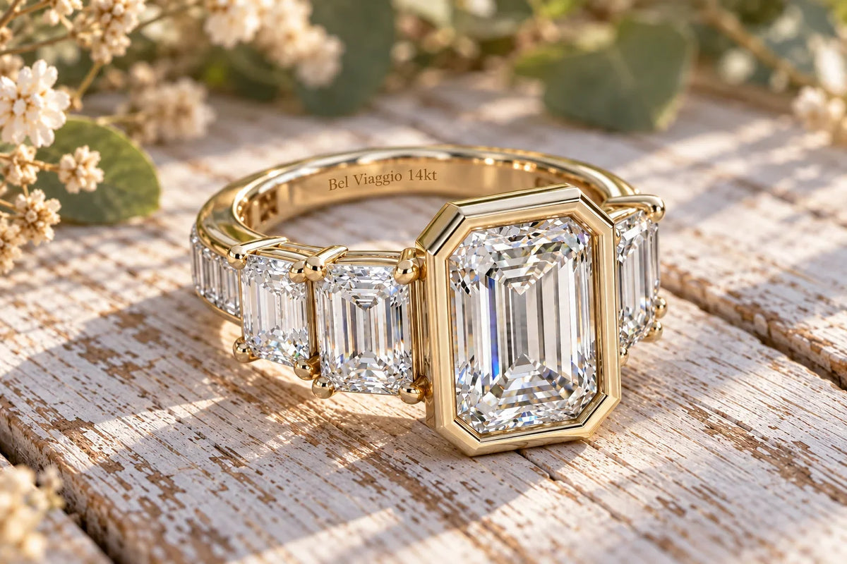 Bel Viaggio Designs 14kt gold graduated emerald cut lab diamond anniversary ring on rustic wood