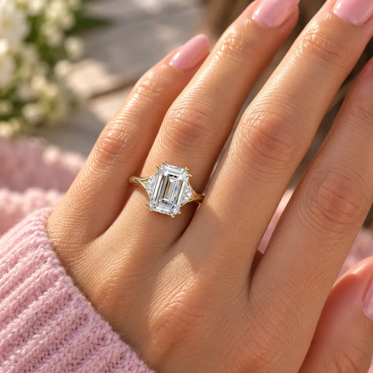 Bel Viaggio Designs three stone lab diamond engagement ring with emerald cut center stone