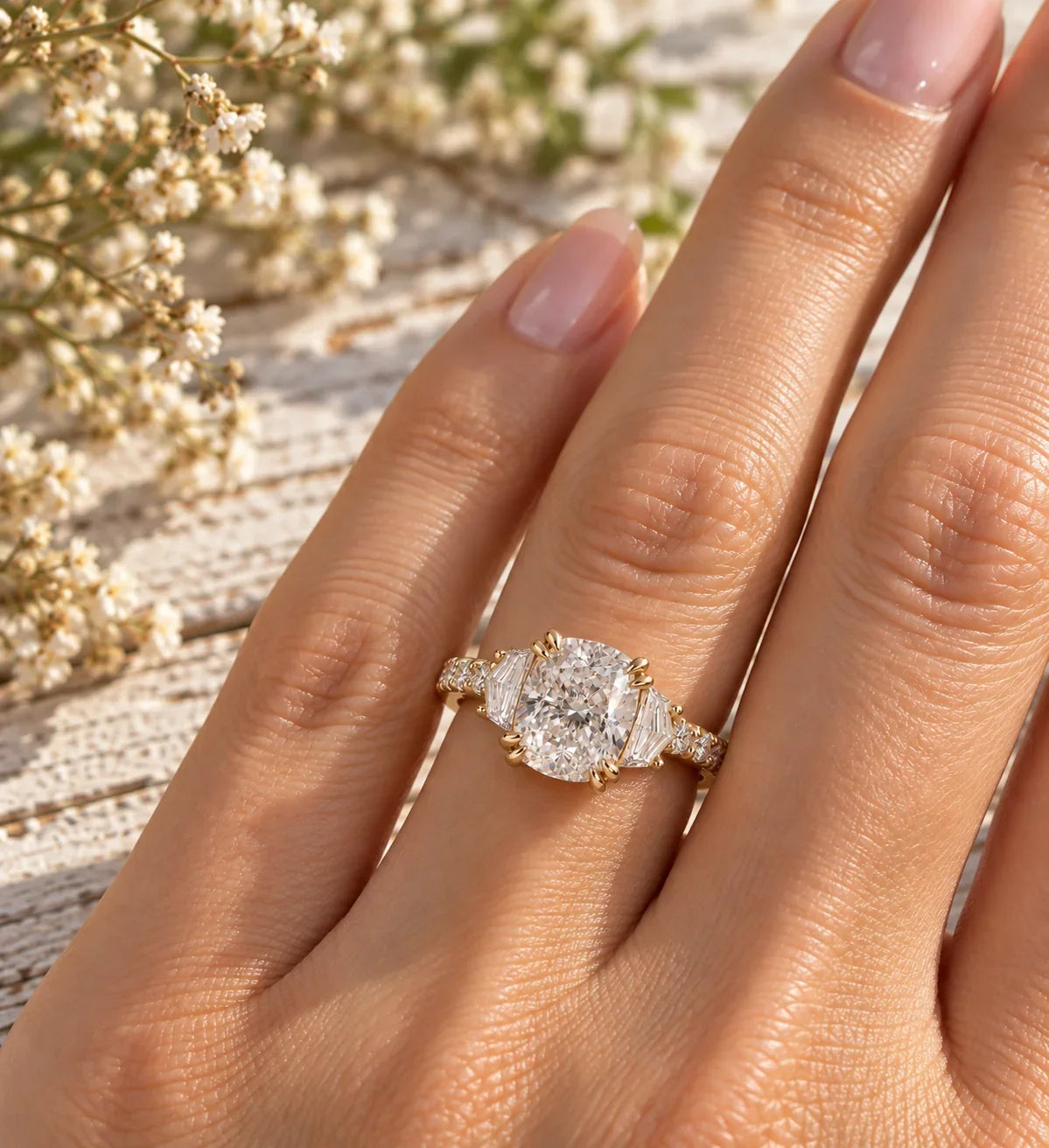 Bel Viaggio Designs lab diamond cushion cut and Cadillac three stone ring on a hand