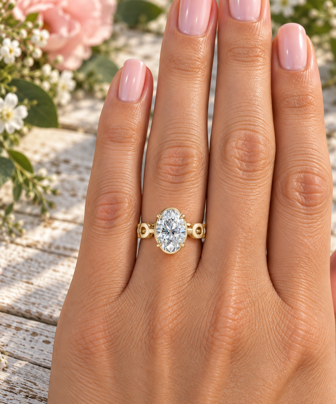 Bel Viaggio Designs oval lab diamond solitaire engagement ring on a woman's finger