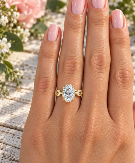 Bel Viaggio Designs oval lab diamond solitaire engagement ring on a woman's finger