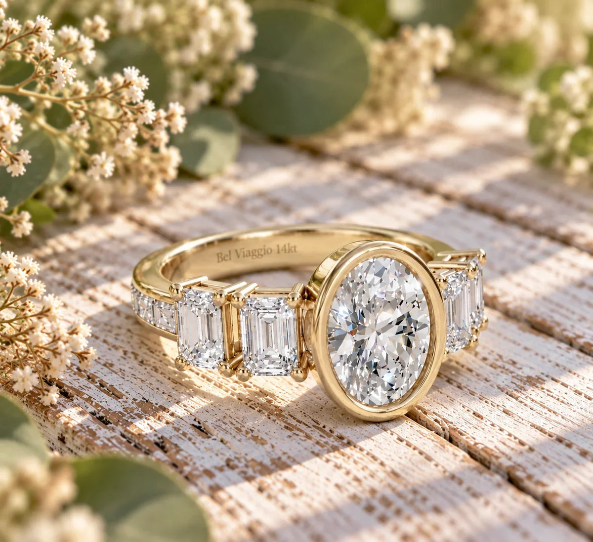 Oval lab diamond anniversary ring by Bel Viaggio Designs with baguette side stones on a wood surface
