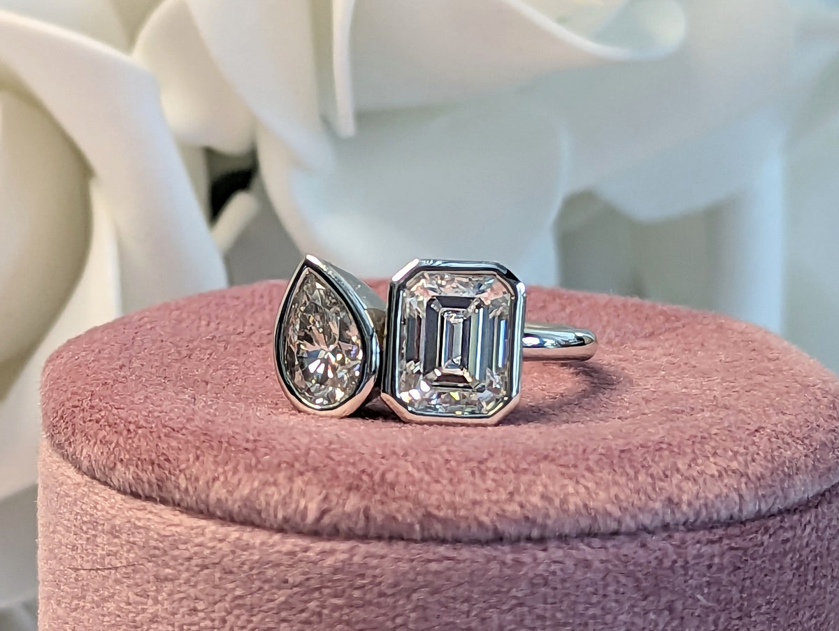 Toi Et Moi Moissanite Ring Bezel Set Emerald Cut & Pear