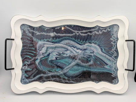 Handcrafted resin art tray with abstract teal, black, and white marbled design, black handles