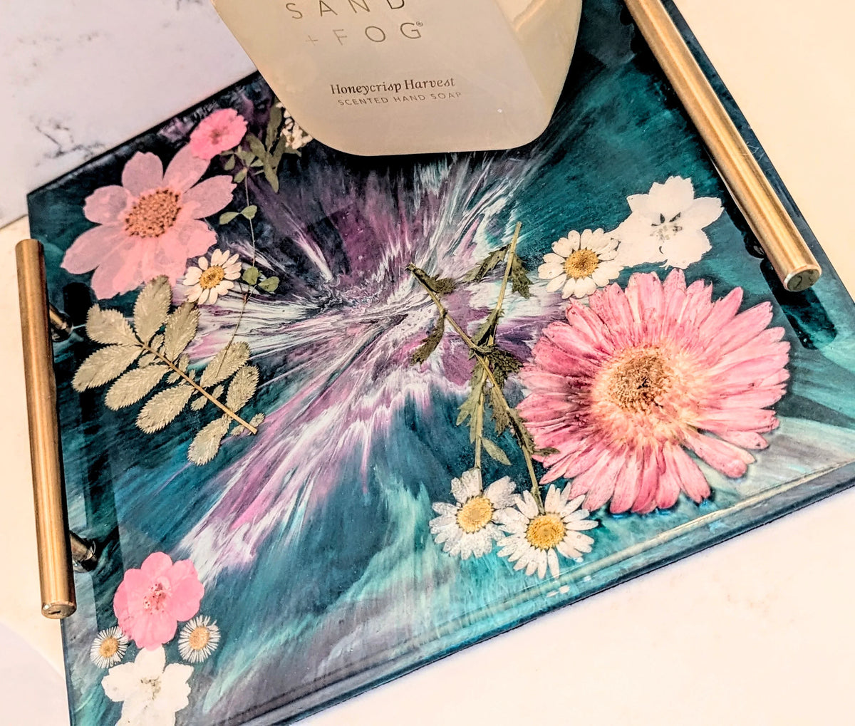 Stacy K Studio handcrafted floral resin vanity tray with gold handles and teal swirl design