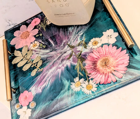 Stacy K Studio handcrafted floral resin vanity tray with gold handles and teal swirl design