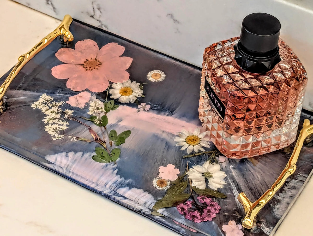 Stacy K Studio handcrafted floral resin vanity tray with gold handles and perfume bottle